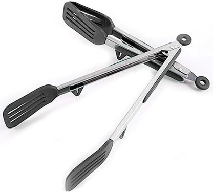 Kitchen Tongs 9 Inches and 12 Inches Fish Spatula Stainless Steel Locking with Silicone Tips Cooking Salad Buffet BBQ Serving Tongs Heat Resistant Meat Turner Spatula Tongs, Black