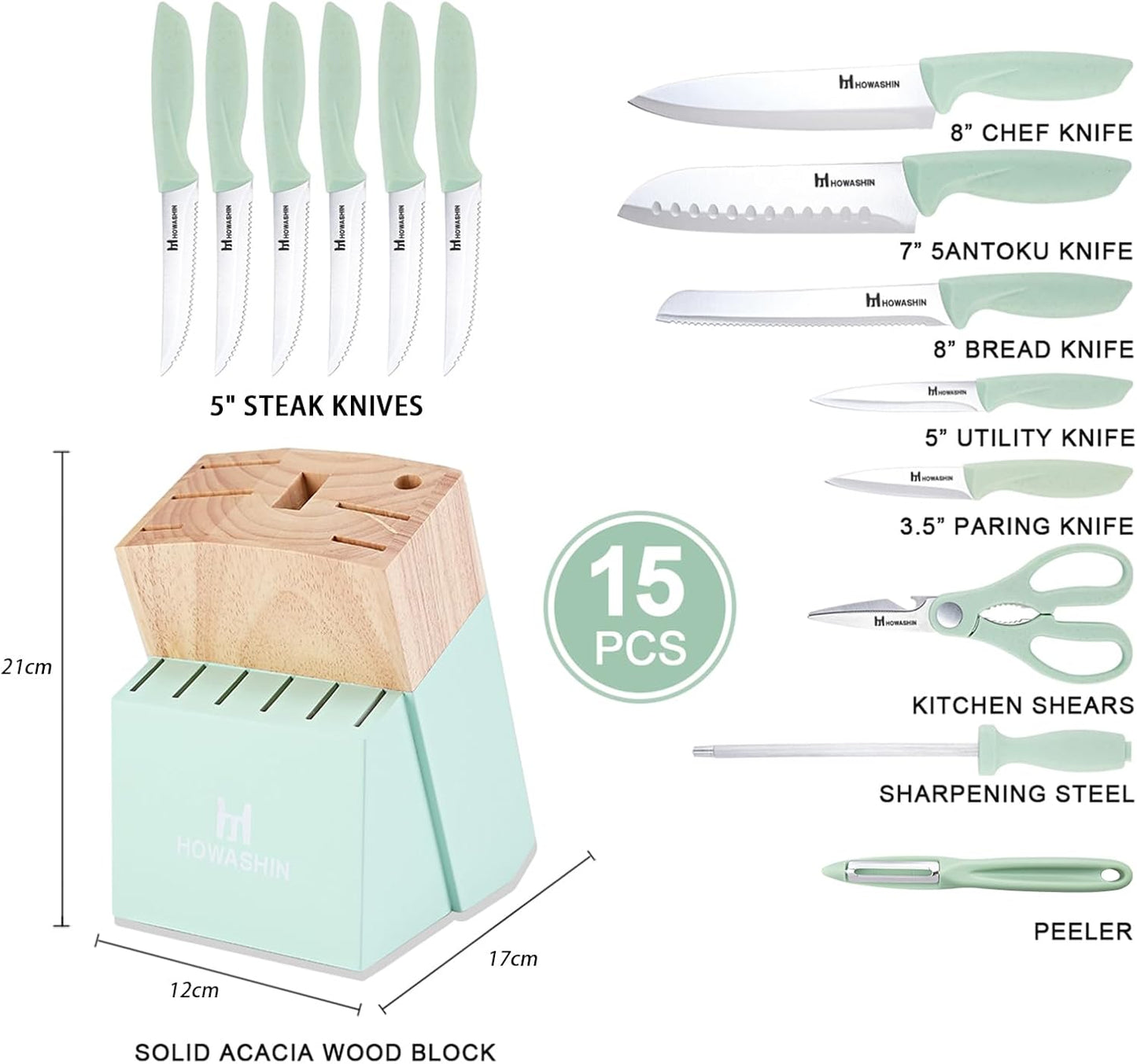 Knife Set,  15 Pieces Kitchen Knife Set with Built in Knife Sharpener, High Carbon German Stainless Steel Knife Block Set, Hand Wash Safe Knives Set, Green