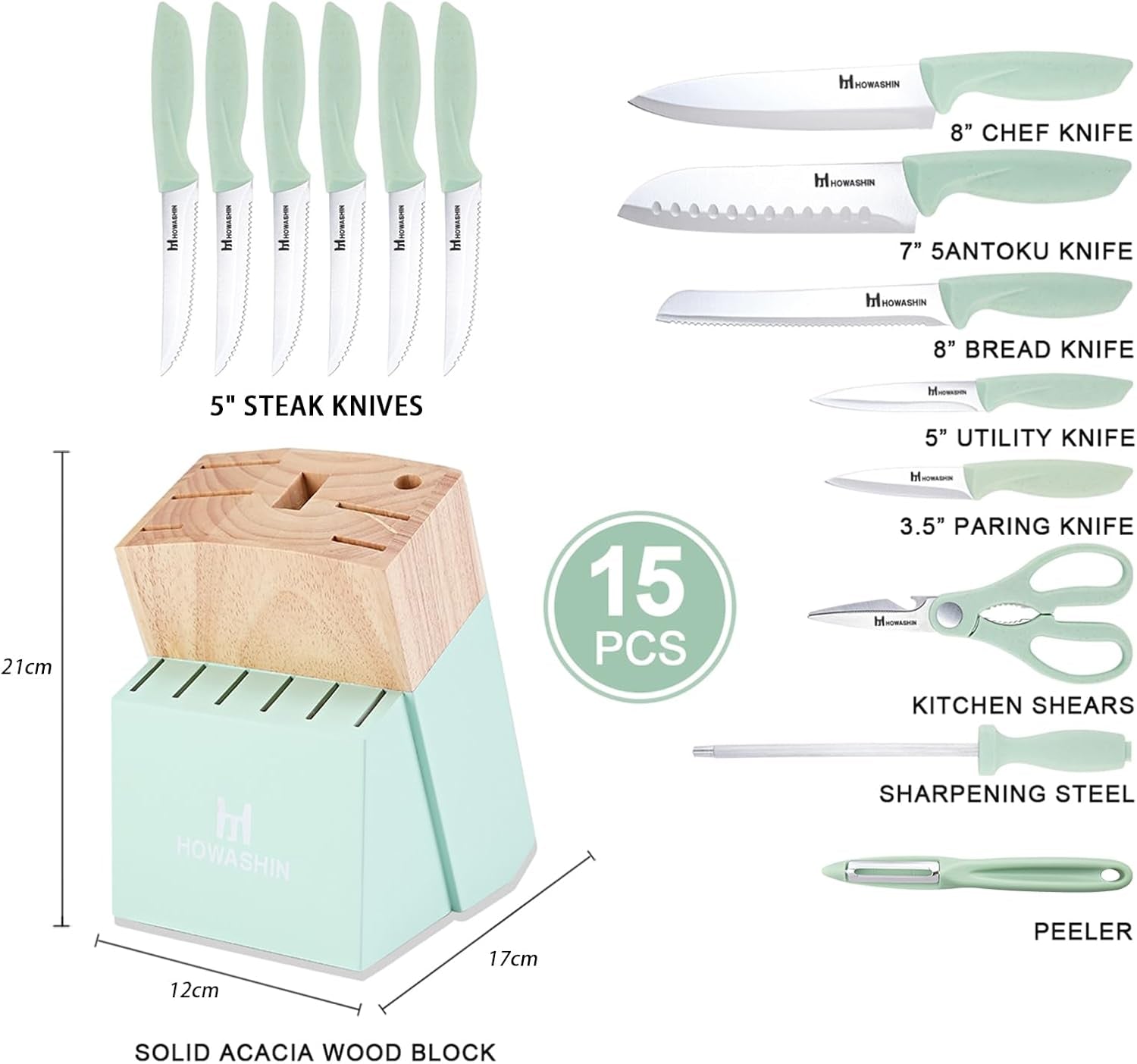 Knife Set,  15 Pieces Kitchen Knife Set with Built in Knife Sharpener, High Carbon German Stainless Steel Knife Block Set, Hand Wash Safe Knives Set, Green