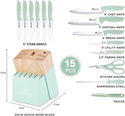 Knife Set,  15 Pieces Kitchen Knife Set with Built in Knife Sharpener, High Carbon German Stainless Steel Knife Block Set, Hand Wash Safe Knives Set, Green