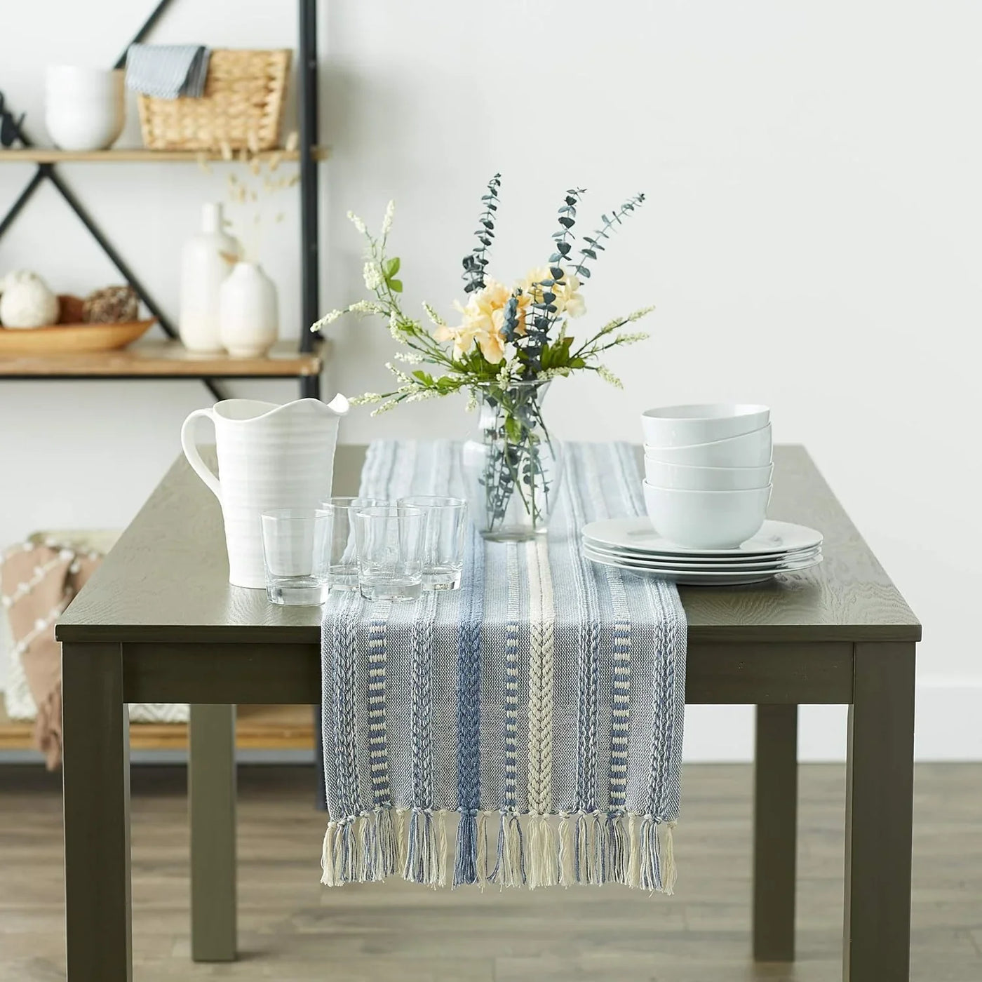 Farmhouse Braided Stripe Table Runner Collection, 15X72 (15X77, Fringe Included), Stonewash Blue