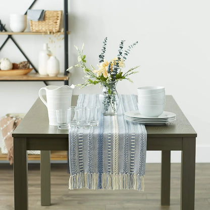 Farmhouse Braided Stripe Table Runner Collection, 15X72 (15X77, Fringe Included), Stonewash Blue
