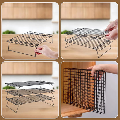 Cooling Rack for Baking 3 Tiers, 16" X 10" Cookie Cooling Wire Rack Stackable Collapsible Nonstick, Stainless Steel Baking Cooking Cooling Racks with Optimum Air Flow, Black