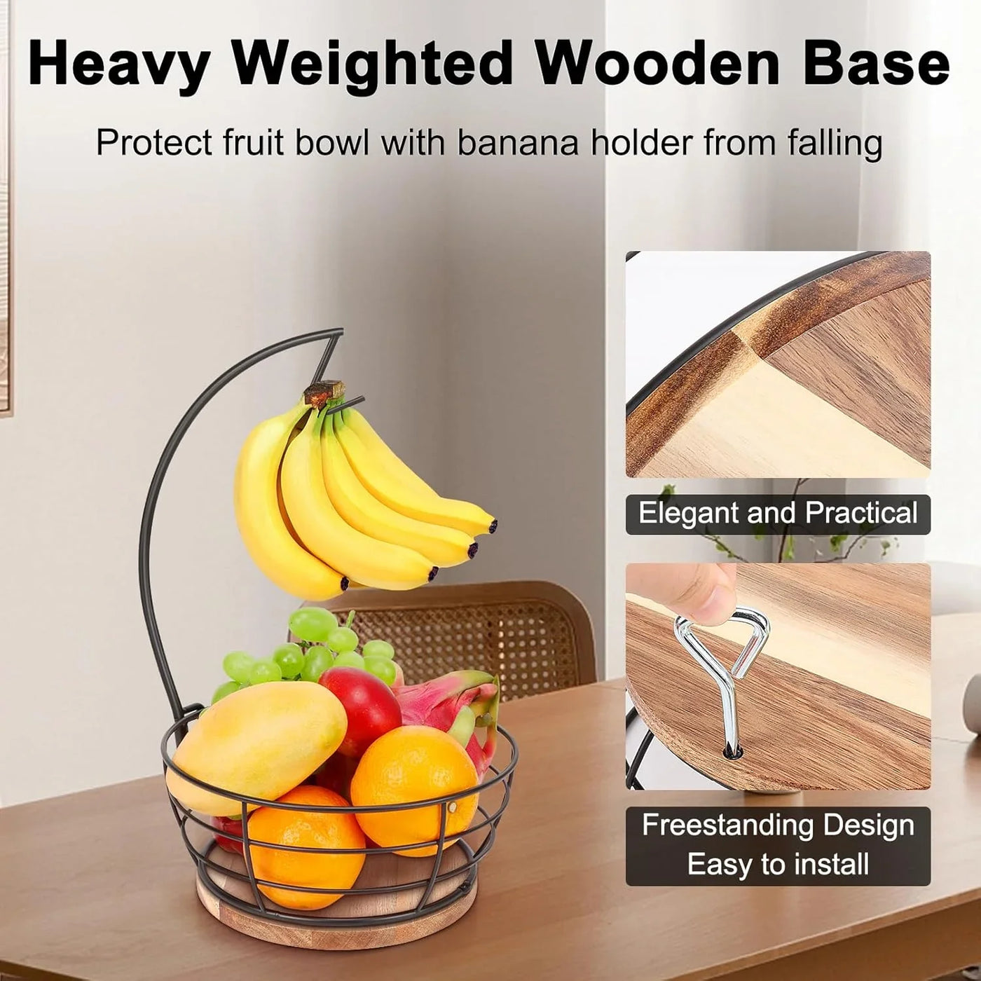 Countertop Fruit Basket Bowl with Banana Hanger, Modern Standing Fruit Vegetable Bowl Storage, with Banana Tree Holder for Kitchen Dinning Table (Round Wood, Black)