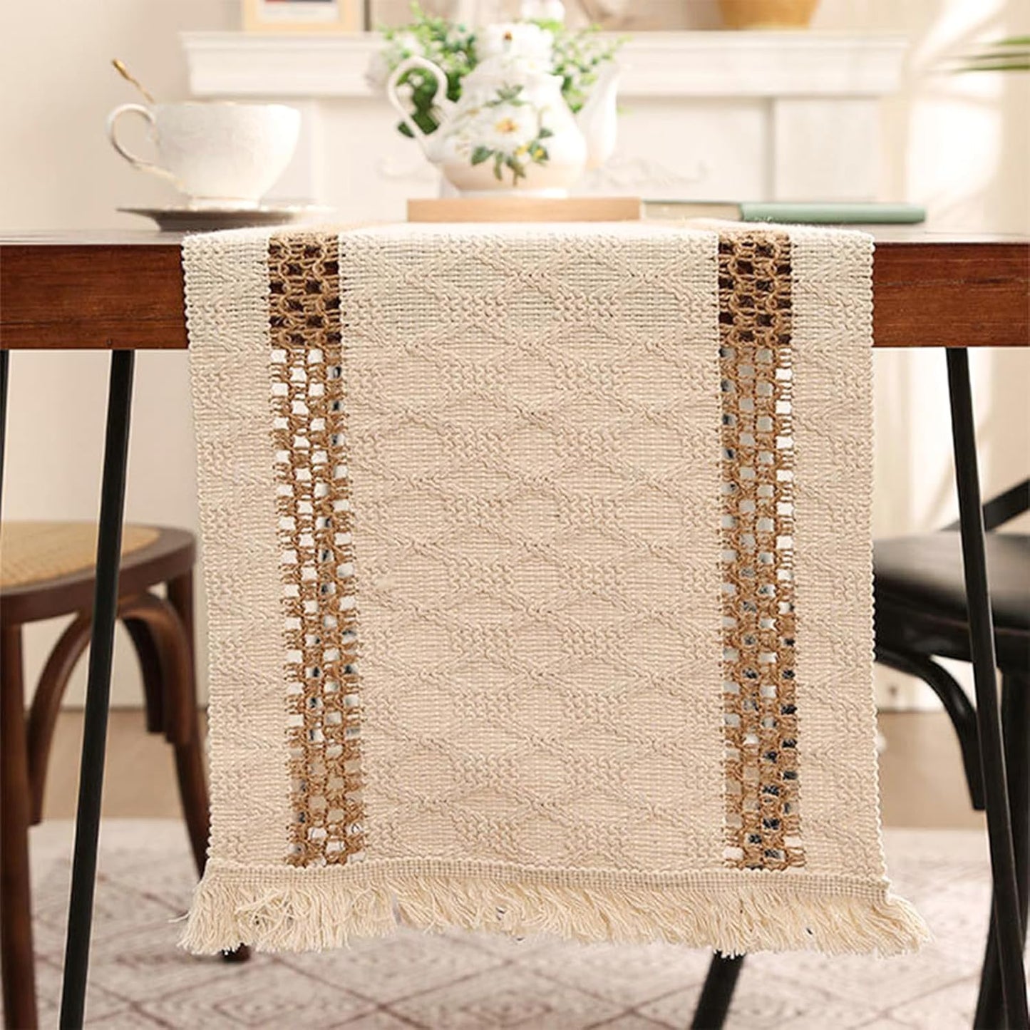Boho Table Runner for Easter Spring Home Decor 72 Inches Long Farmhouse Macrame Easter Table Runner Cotton Linen Woven Table Runners for Summer Dining Table Decoration, Beige & Brown