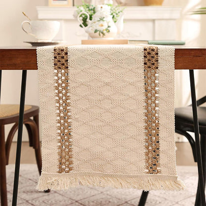Boho Table Runner for Easter Spring Home Decor 72 Inches Long Farmhouse Macrame Easter Table Runner Cotton Linen Woven Table Runners for Summer Dining Table Decoration, Beige & Brown