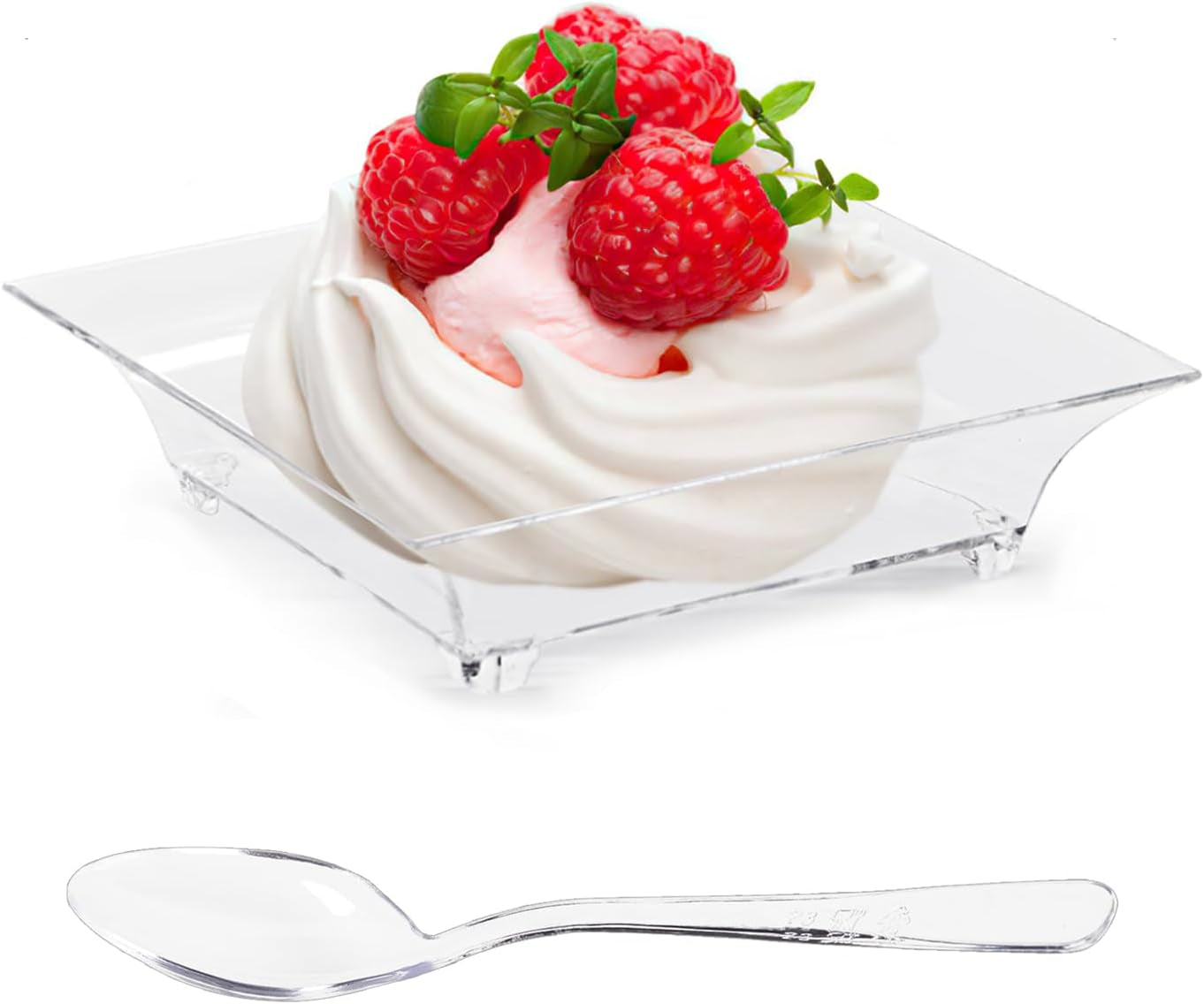 100Ct Mini Dessert Plates with Tasting Spoons, 2.5 Inch Small Reusable Clear Plastic Square Party Serving Hors D'Oeuvres Plates for Appetizers (Square)