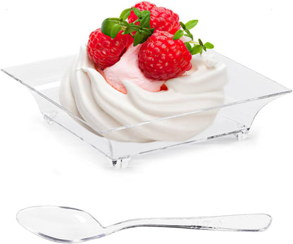 100Ct Mini Dessert Plates with Tasting Spoons, 2.5 Inch Small Reusable Clear Plastic Square Party Serving Hors D'Oeuvres Plates for Appetizers (Square)