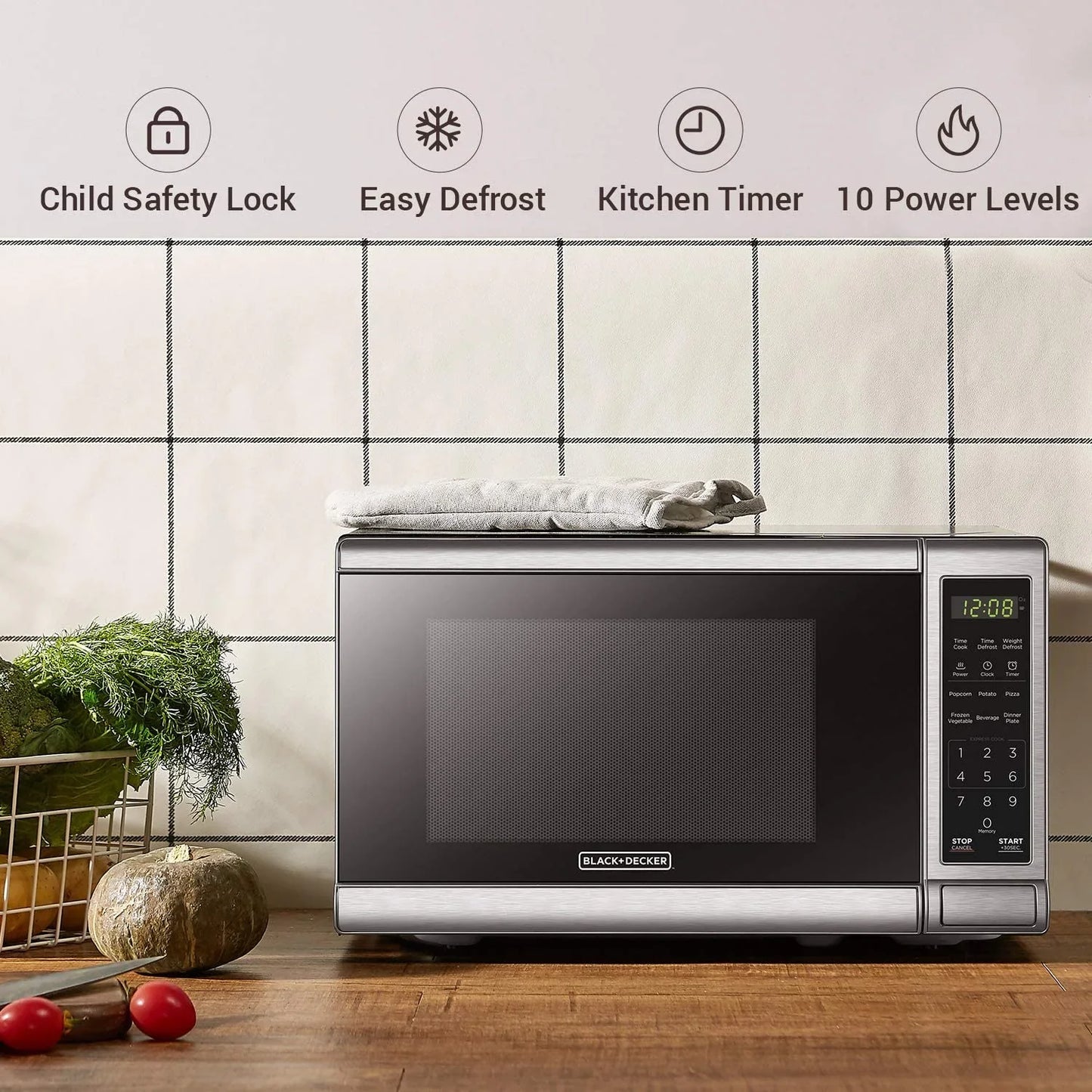 EM720CB7 Digital Microwave Oven with Turntable Push-Button Door, Child Safety Lock, 700W, Stainless Steel, 0.7 Cu.Ft