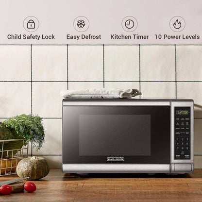 EM720CB7 Digital Microwave Oven with Turntable Push-Button Door, Child Safety Lock, 700W, Stainless Steel, 0.7 Cu.Ft