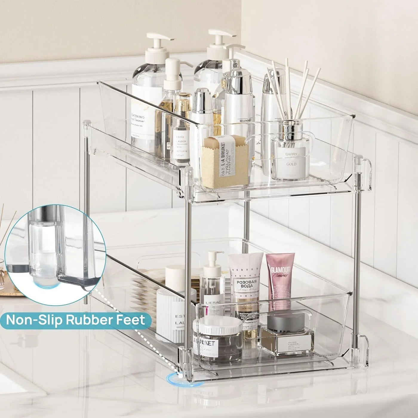 4 Pack Bathroom Organizer, 2 Tier Clear under Sink Organizers Vanity Countertop Storage Container,Cabinet Drawers Bins, Pull-Out Organization with Track for Pantry, Kitchen