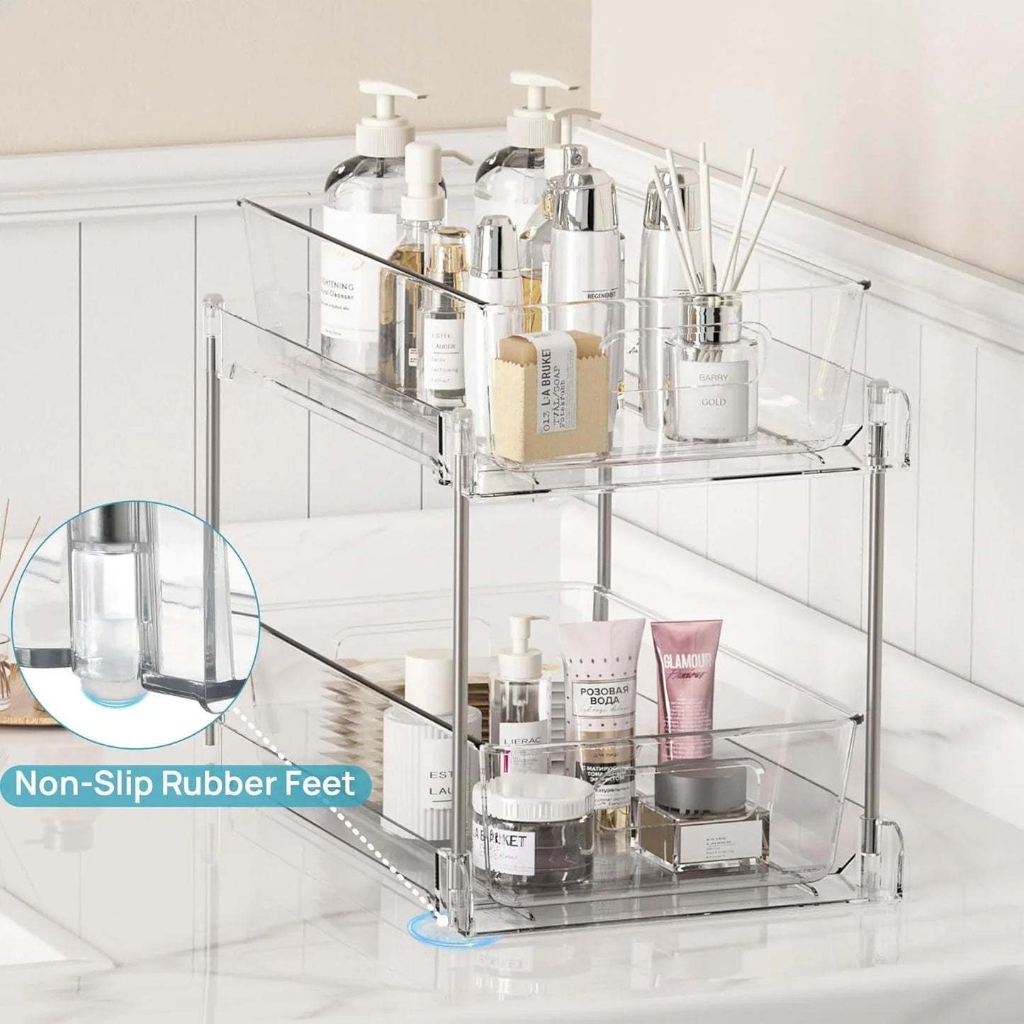 4 Pack Bathroom Organizer, 2 Tier Clear under Sink Organizers Vanity Countertop Storage Container,Cabinet Drawers Bins, Pull-Out Organization with Track for Pantry, Kitchen