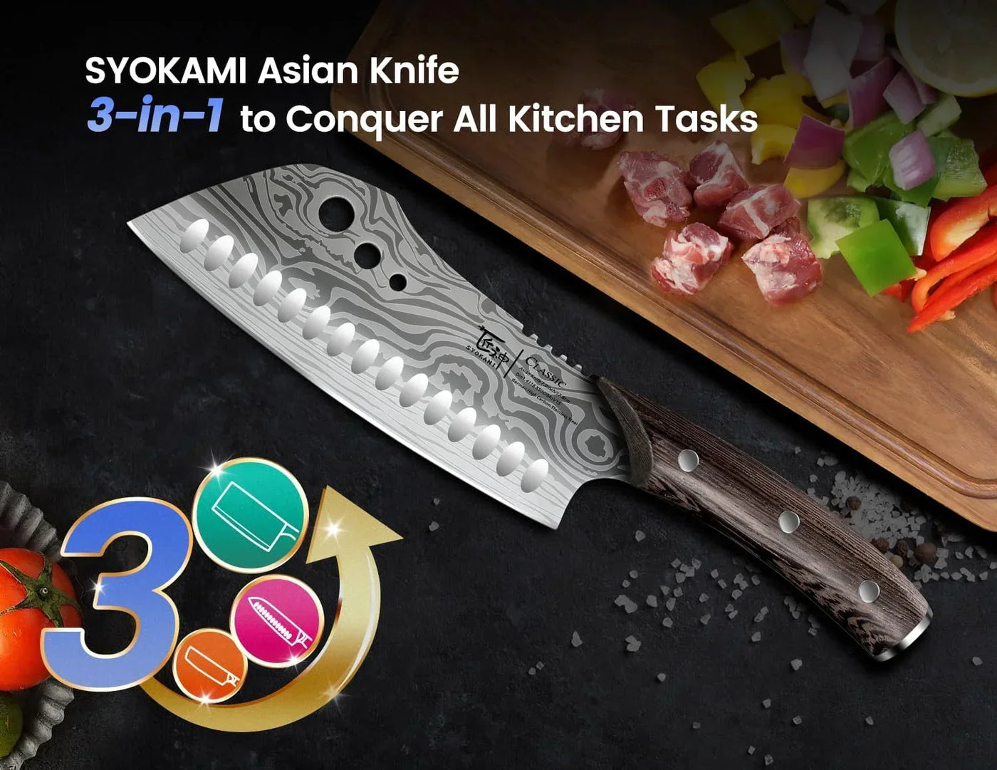 3-in-1 Asian kitchen knife with patterned blade, wooden handle, and vegetables on cutting board