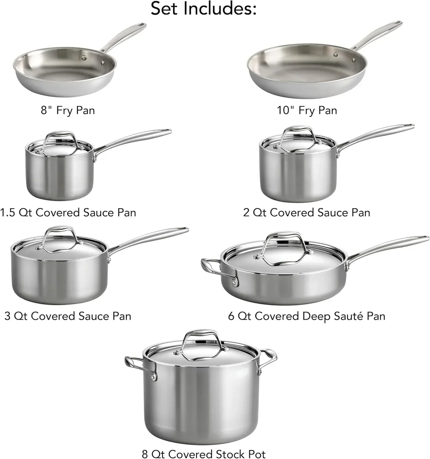 Stainless steel cookware set with fry pans, sauce pans, sauté pan, and stock pot for everyday cooking