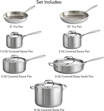 Stainless steel cookware set with fry pans, sauce pans, sauté pan, and stock pot for everyday cooking