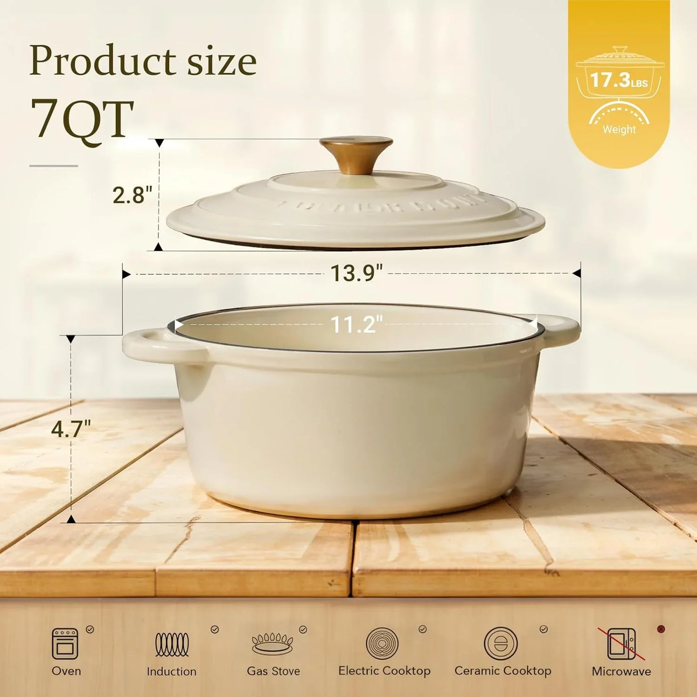 Enameled Cast Iron Dutch Oven - 7QT Pot with Lid Cookbook & Cotton Potholders - Heavy-Duty Cookware for Braising, Stews, Roasting, Sourdough Baking Cream White