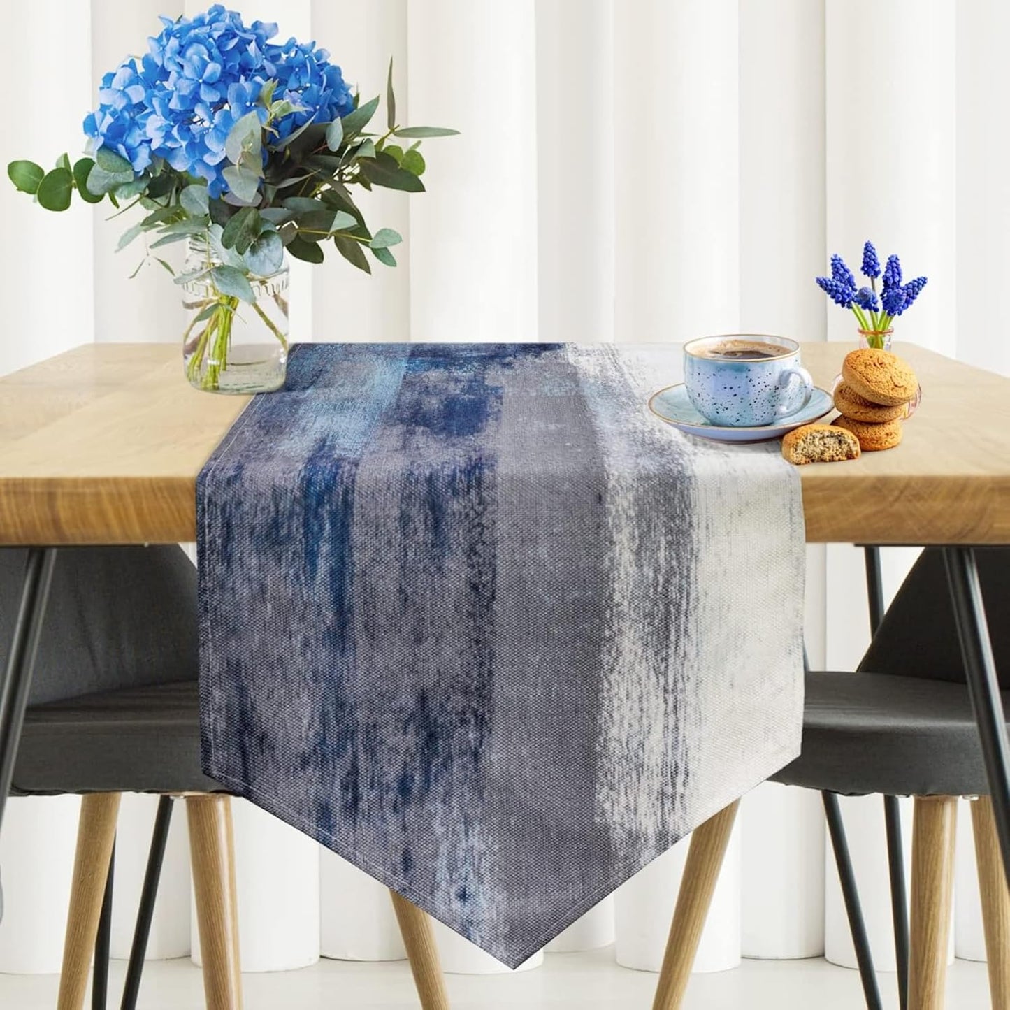 Blue and Grey Table Runner 13X72 Inch Modern Abstract Art Painting Kitchen Dinning Table Decoration for Home Party Décor