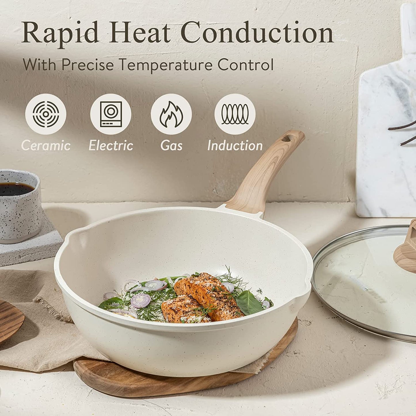 12Inch Nonstick Deep Frying Pan with Lid, 5.5 Qt Jumbo Cooker Saute Pan with Pour Spout, Skillet Induction Cookware, Non Stick Cooking Pan Kitchen Pan PFOA Free, White Granite