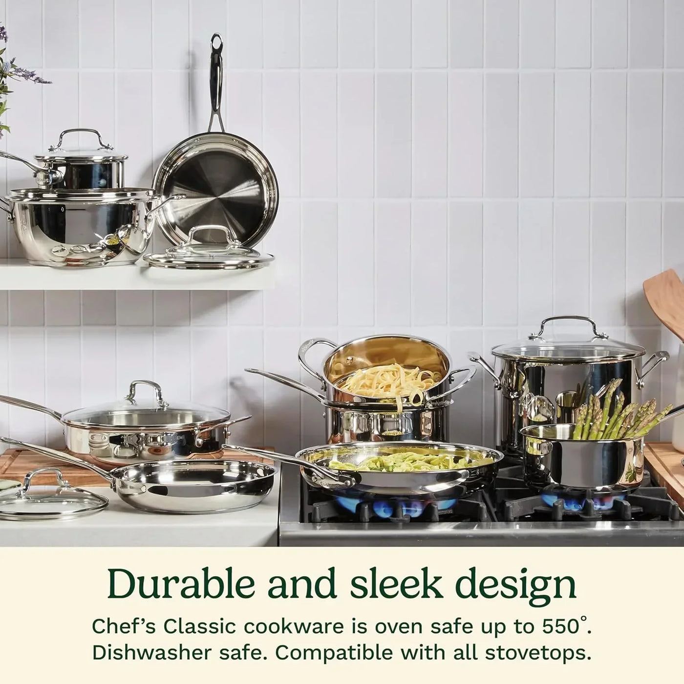 Stainless steel cookware set on stove with pasta and asparagus, oven safe and dishwasher safe for everyday cooking