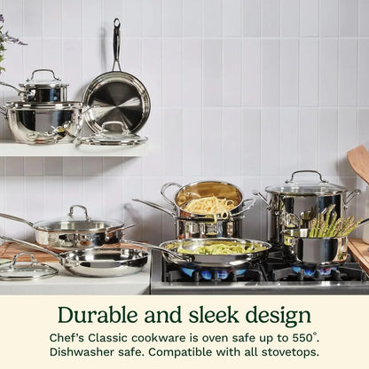 Stainless steel cookware set on stove with pasta and asparagus, oven safe and dishwasher safe for everyday cooking