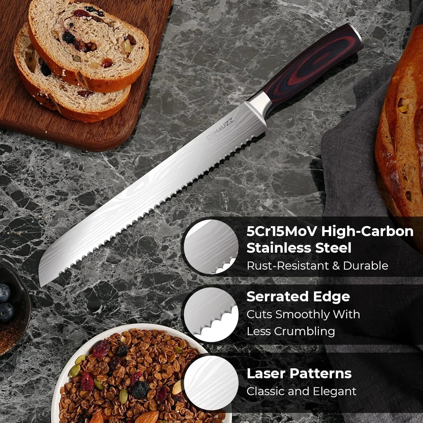 10 Inch Bread Knife, Serrated Knife for Homemade Bread, Razor Sharp High Carbon Stainless Steel Sourdough Cutter, Professional Bakery Kitchen Knives with Ergonomic Handle for Bagel, Cake