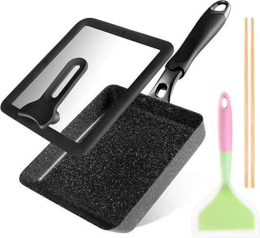 Tamagoyaki Pan - Japanese Egg Pan with Lid - Japanese Omelette Pan Rectangular - Rolled Omelet Nonstick Square Frying Pan - Tamago Cooking Pan Induction Compatible 7X6