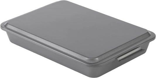Everyday Baking Pan with Metal Lid Nonstick Warp-Resistant Heavy-Gauge Steel Construction Even-Heating Oblong Cake Pan with Solid Oven-Safe Cover, 9X13-Inch, Gray