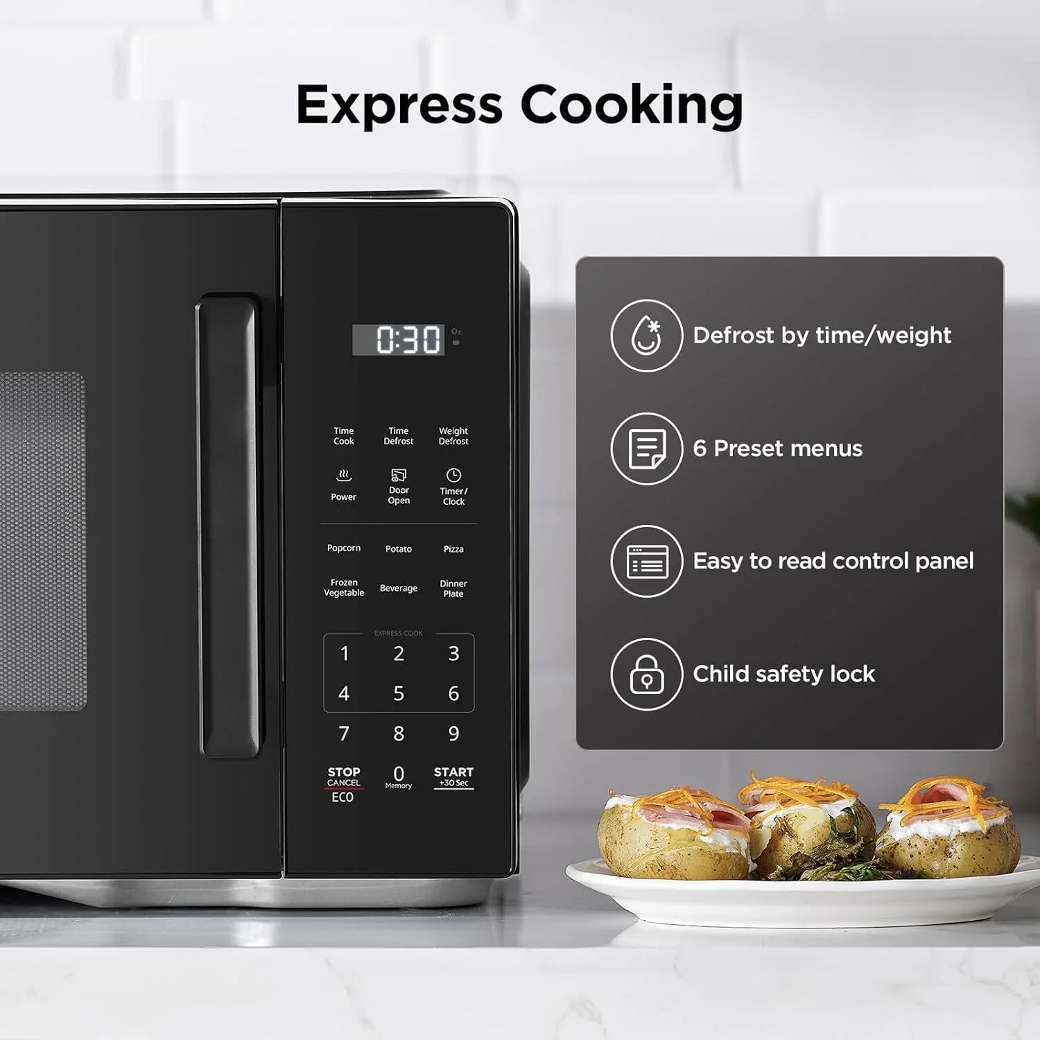 Black digital microwave oven with control panel, quick start features, and baked potatoes on kitchen counter.