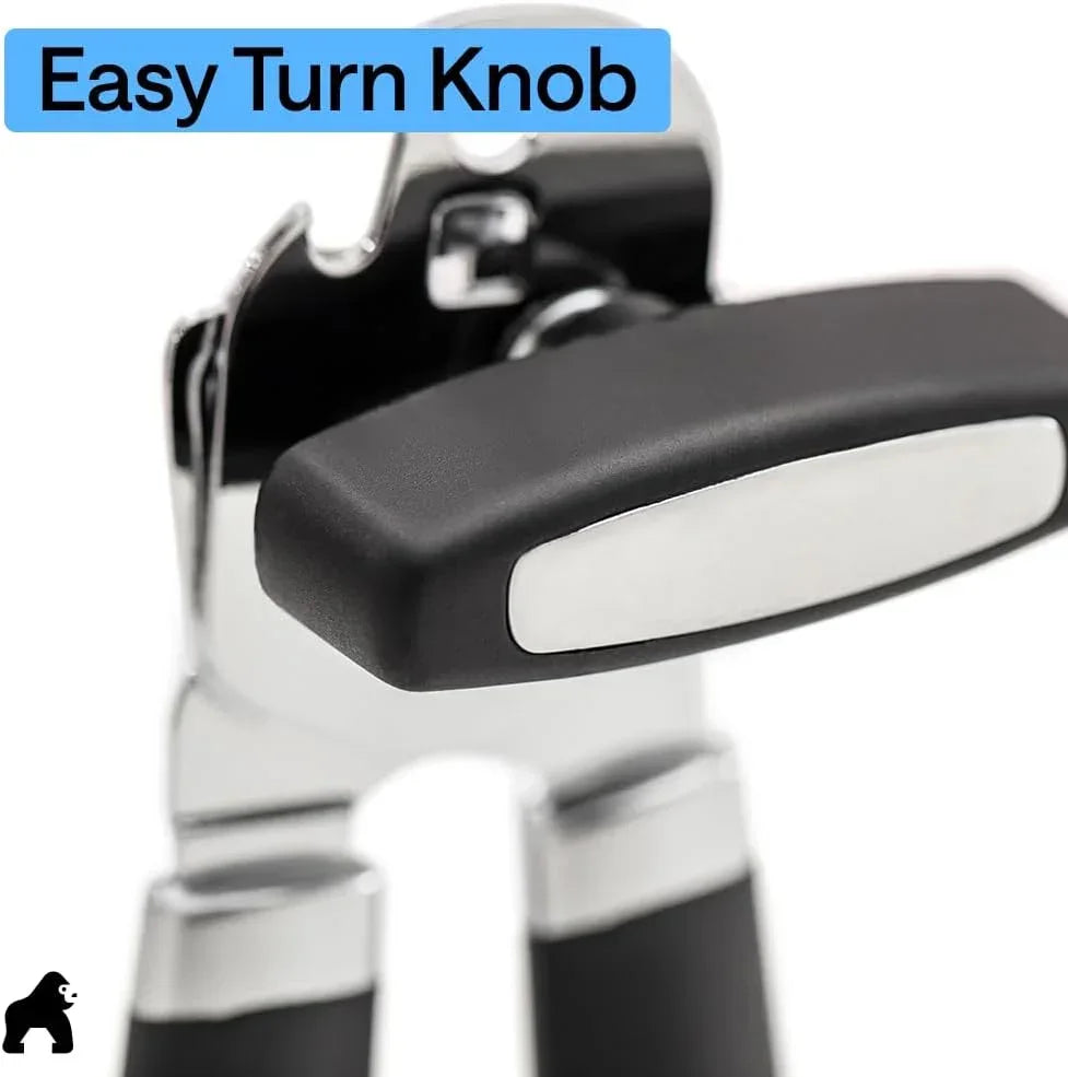 Easy turn knob on stainless steel can opener with black grip handle