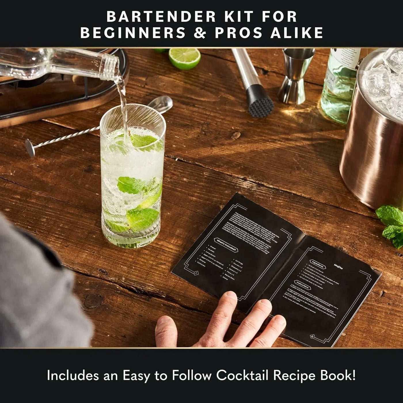 Bartender Kit - 22-Piece Cocktail Shaker & Bar Tool Set - Wooden Stand Display & Bar Cart Accessories - Recipe Book & Housewarming Gifts - 22-Pc, Silver