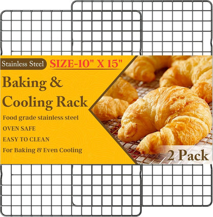 2PCS Cooling Racks for Cooking and Baking - 10" X 15"Heavy Duty Stainless Steel Wire Rack for Baking, Grilling, Roasting - Oven & Dishwasher Safe - Fits Jelly Roll Sheet Pan（Black）