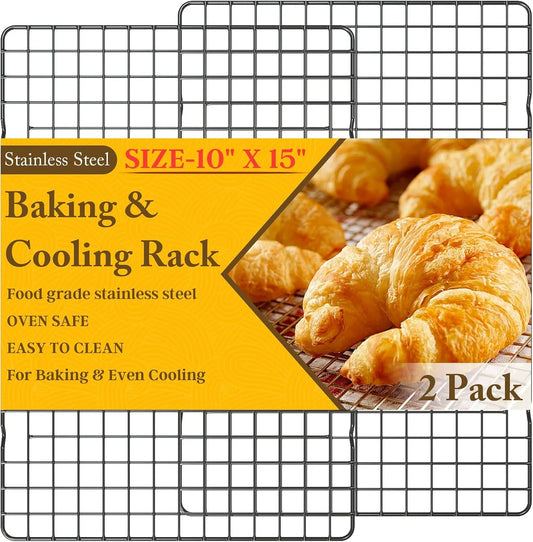 2PCS Cooling Racks for Cooking and Baking - 10" X 15"Heavy Duty Stainless Steel Wire Rack for Baking, Grilling, Roasting - Oven & Dishwasher Safe - Fits Jelly Roll Sheet Pan（Black）