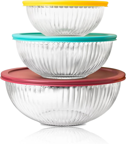 Sculpted 3 Pack Glass Mixing Bowls (1.1 QT, 2.1 QT, 3.7 QT) – Borosilicate Glass Bowls with Airtight Bpa-Free Lids, Nesting Bowls for Baking and Prepping Food, Oven, Freezer & Microwave Safe