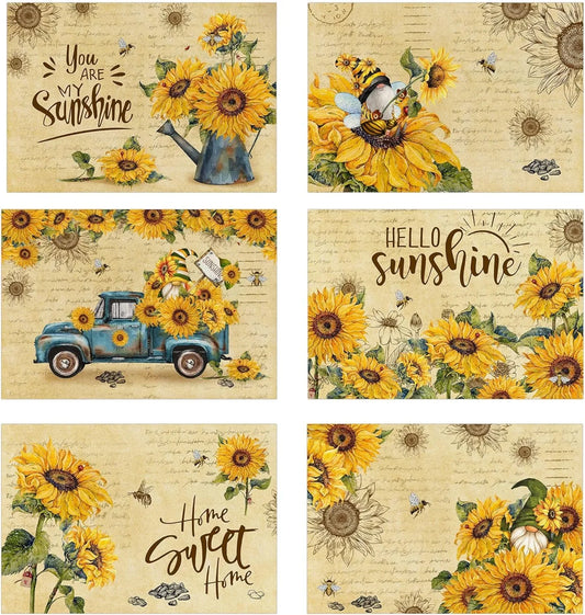 Sunflower Linen Square Spring Placemats Set of 6, Sunflower Table Decor, Vintage Spring Summer Gnome Truck Washable Table Mats for Farmhouse Holiday Indoor Outdoor Party Dining Decoration