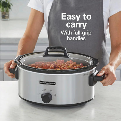 6-Quart Slow Cooker with 3 Cooking Settings, Dishwasher-Safe Stoneware Crock & Glass Lid, Silver (33665G)