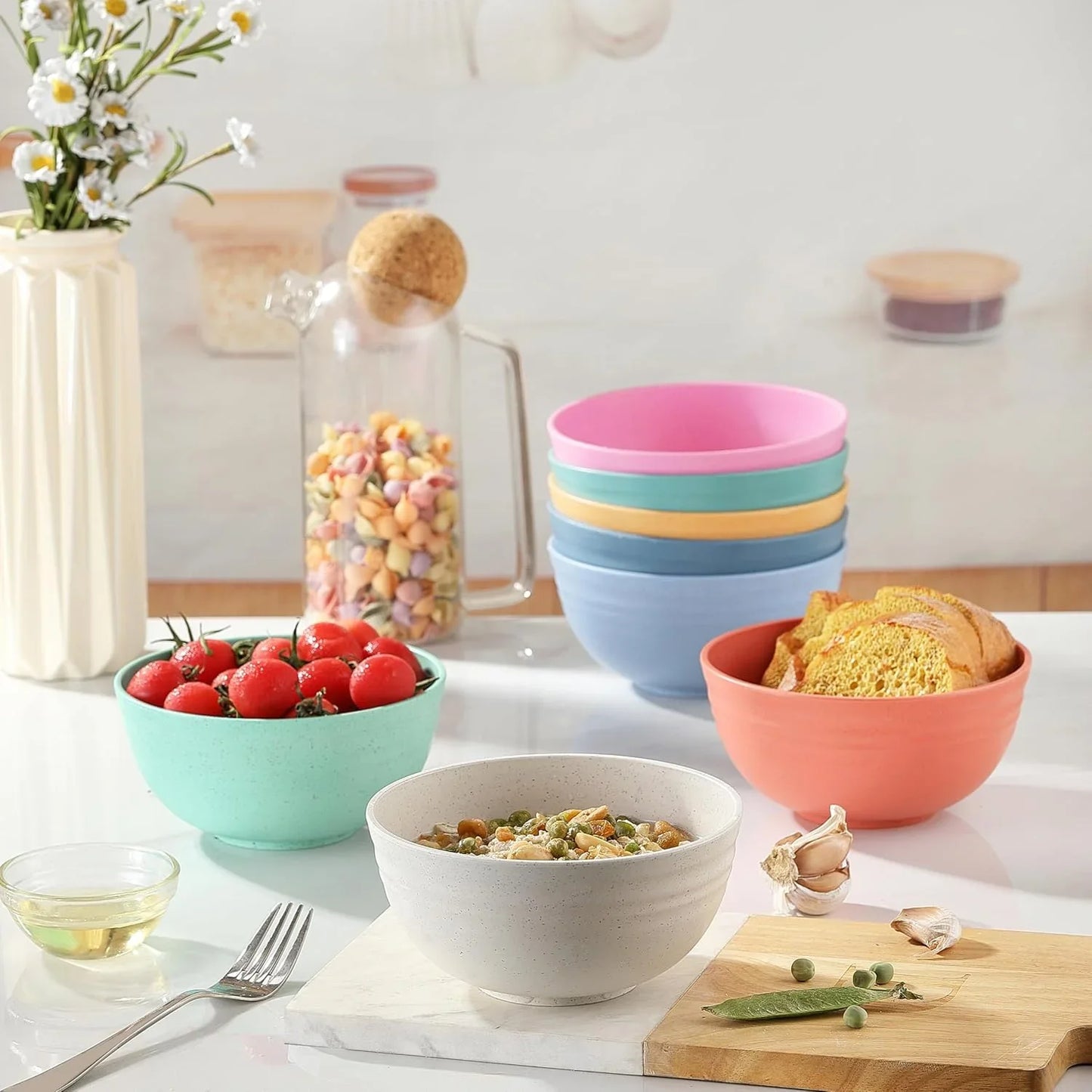 8PCS Cereal Bowl,  Unbreakable Wheat Straw Cereal Bowls, Microwave & Dishwasher Safe Kitchen Bowls for Cereal, Snack, Soup, Salad and Rice, Multicolors, BPA Free, 26Oz (Ser of 8)
