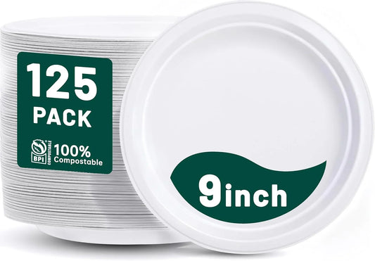 100% Compostable Paper Plates 9 Inch, 125-Pack Heavy Duty Paper Plates Bulk,Biodegradable Bagasse,Eco-Friendly Disposable Dinner Plate for Bbq,Picnic,Party (BPI Certified,Microwaveable)