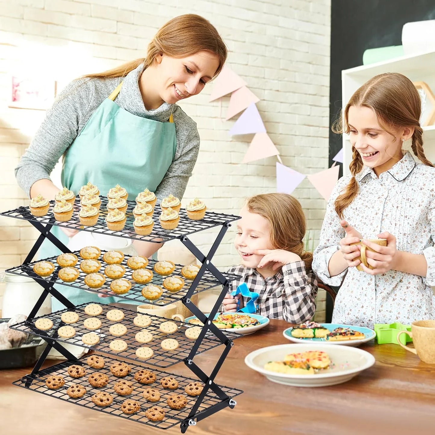 4 Tier Collapsible Cooling Rack - 3 Setting Design, Adjustable ＆ Stackable Baking Rack, 5 Modes Cooling Racks for Cooking and Baking, Roasting ＆ Grilling Gifts for Picnic Party