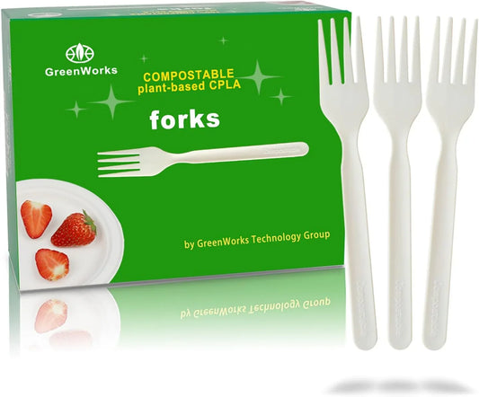 200 Count Heavy-Duty Compostable Forks, BPI Certified Large Disposable Cutlery Flatware Utensils Fork