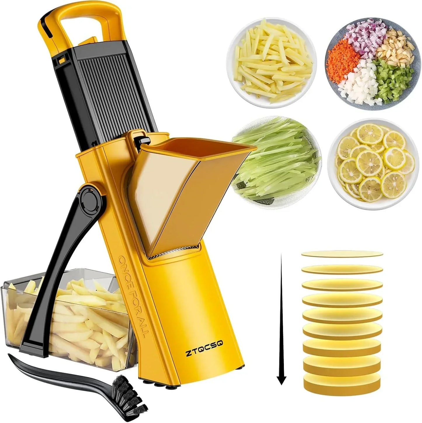 Yellow manual vegetable chopper with slicing, dicing, and julienne functions for potatoes, onions, carrots, cucumbers, and lemons