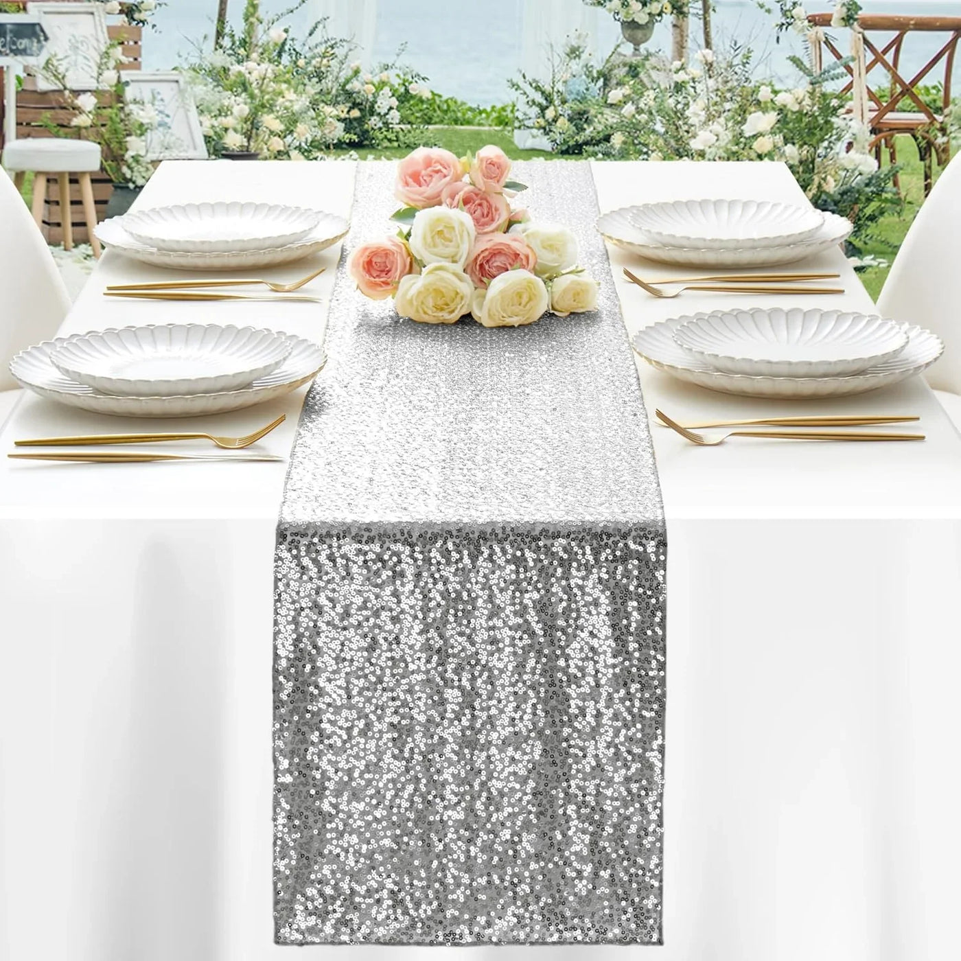 12 Pack Silver Sequin Table Runner 12" X 72", Glitter Sparkle Sequin Runners for Birthday Party Wedding Banquet & Baby Shower, Party Table Decorations Supplies