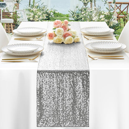 12 Pack Silver Sequin Table Runner 12" X 72", Glitter Sparkle Sequin Runners for Birthday Party Wedding Banquet & Baby Shower, Party Table Decorations Supplies