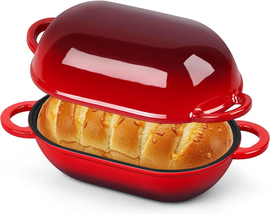 Enameled Cast Iron Dutch Oven for Bread Baking, 2.8 QT Oval Bread Oven Pot with Lid, 9.5 X 5.7 Inch Sourdough Loaf Baking Pan for Homemade Bread, Heavy Duty & Oven Safe, Red