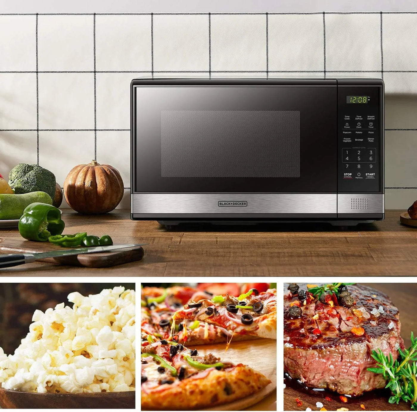 EM031MB11 Digital Microwave Oven with Turntable Push-Button Door, Child Safety Lock, 1000W, 1.1Cu.Ft, Black & Stainless Steel, 1.1 Cu.Ft