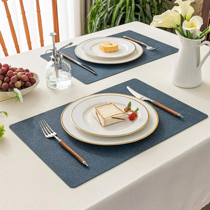 Vinyl Placemats Set of 4-12 X 17 Inch - Faux Leather 100% Waterproof Oil-Proof Wipeable Place Mats, Heat Resistant Reversible PU Table Mats for Kitchen Dining Party Outdoor, Navy Blue
