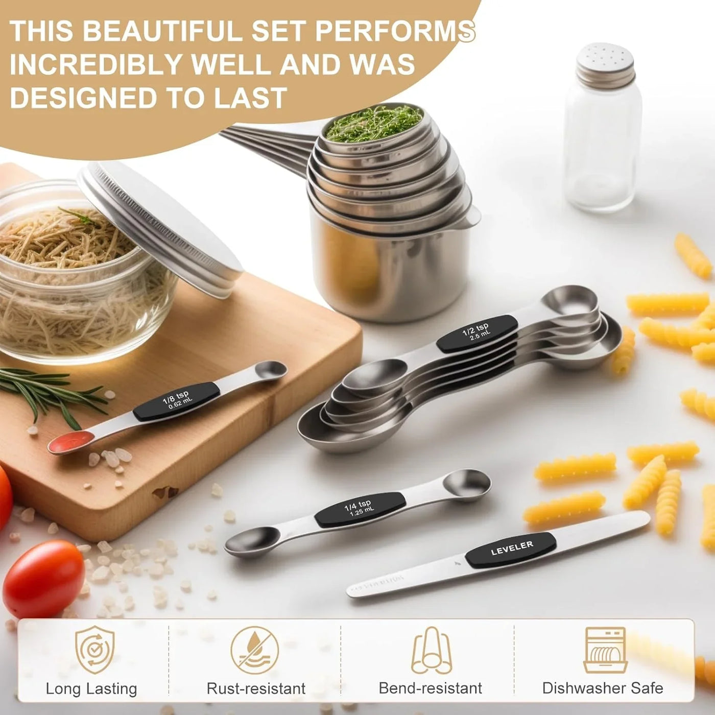 Stainless Steel Measuring Cups & Spoons Set,  Kitchen Tools Nesting Measuring Cups and Spoons, Fits in Spice Jars for Baking & Cooking, BPA Free, Set of 15 with Leveler, Black