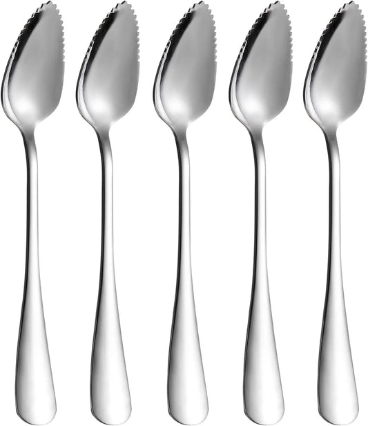 5 PCS Grapefruit Spoons, Stainless Steel Grapefruit Spoon Utensil Set, Serrated Edge & Thick Gauge Handle, Silver Kitchen Tool with Non-Stick Plating for Kiwi, Dessert, Apple, Citrus Fruit