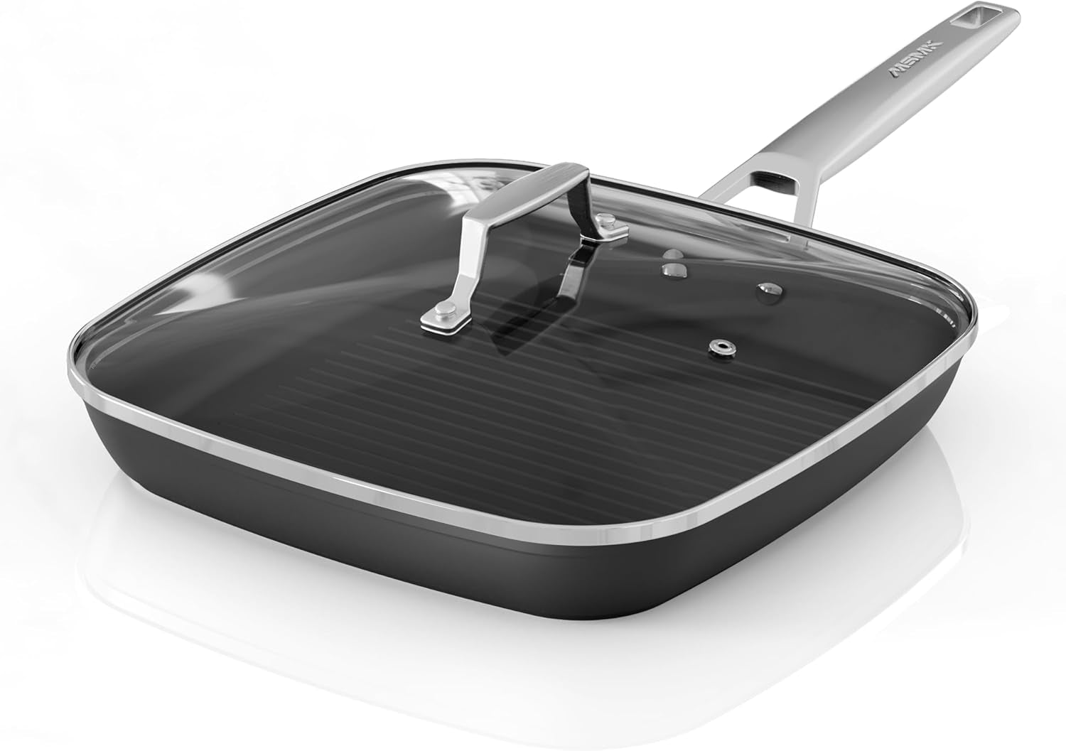 Square Grill Pan with Lid, 9.5 Inch Titanium and Ceramic Nonstick Grilling Skillet Pan，Stay-Cool Handle，Compatible with All Stovetops，Pfoa Free，Dishwasher & Oven Safe，Indoor Chicken Skille