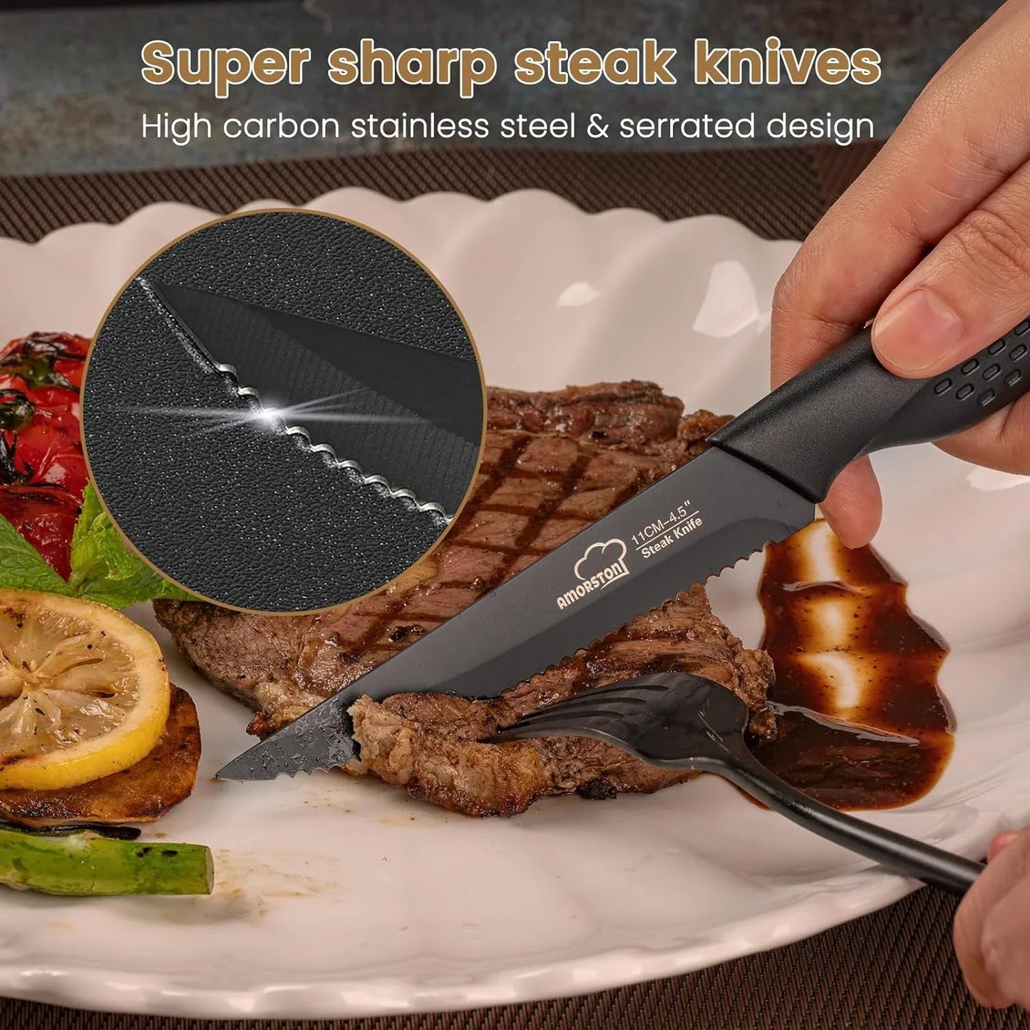 Steak Knives, Steak Knives Set of 8, Stainless Steel Steak Knife Set, Serrated Knives Dishwasher Safe, Elegant Black