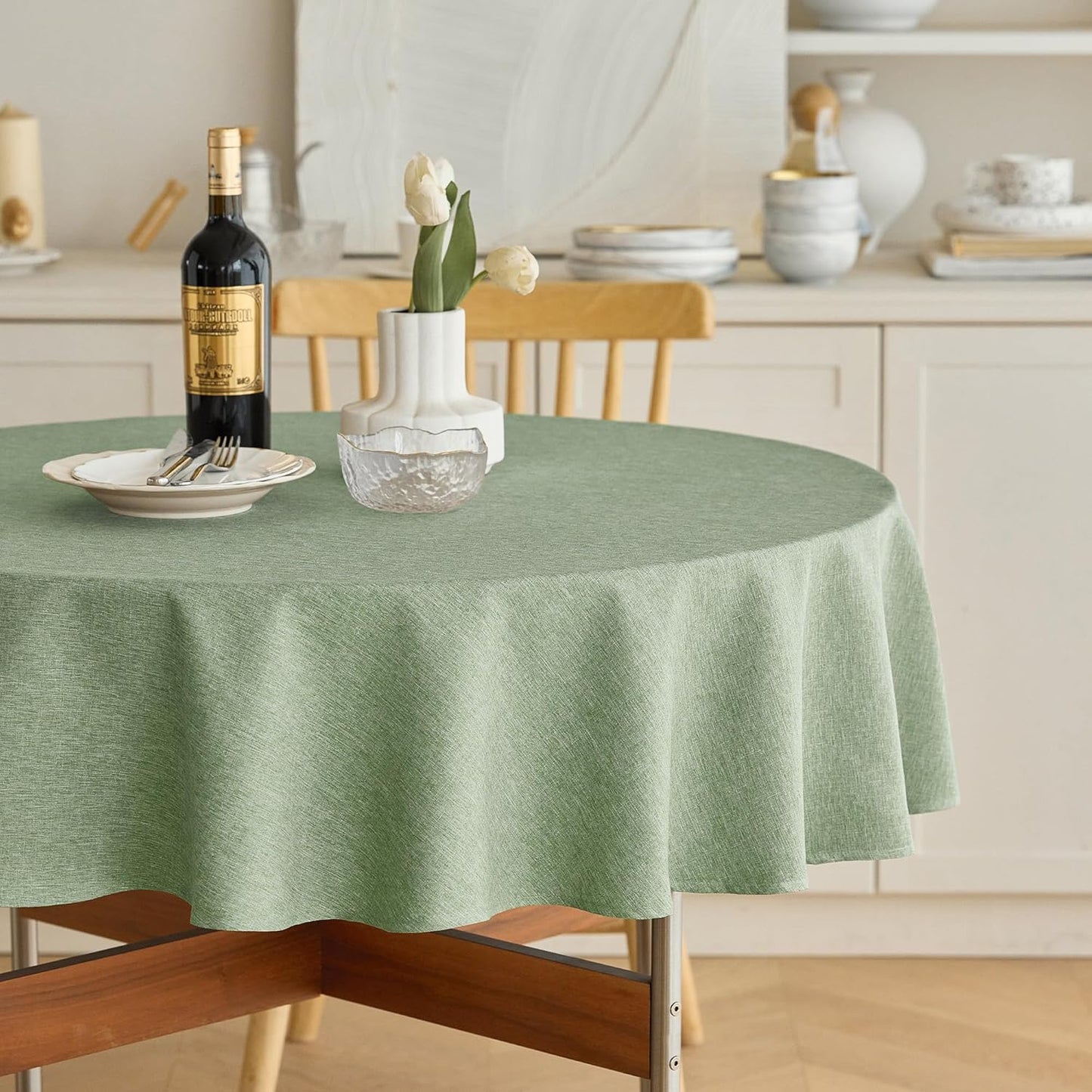 Faux Linen round Tablecloths 60 Inch, Waterproof Decorative Washable Texture Rustic Circle Table Cloth Cover for Dining Kitchen Party Farmhouse Outdoor(Round (2-4 Seats),Sage Green)